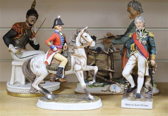 A Capodimonte figure of a knife grinder, another of a Napoleonic soldier and two Marks & Rosenfeld figures,
